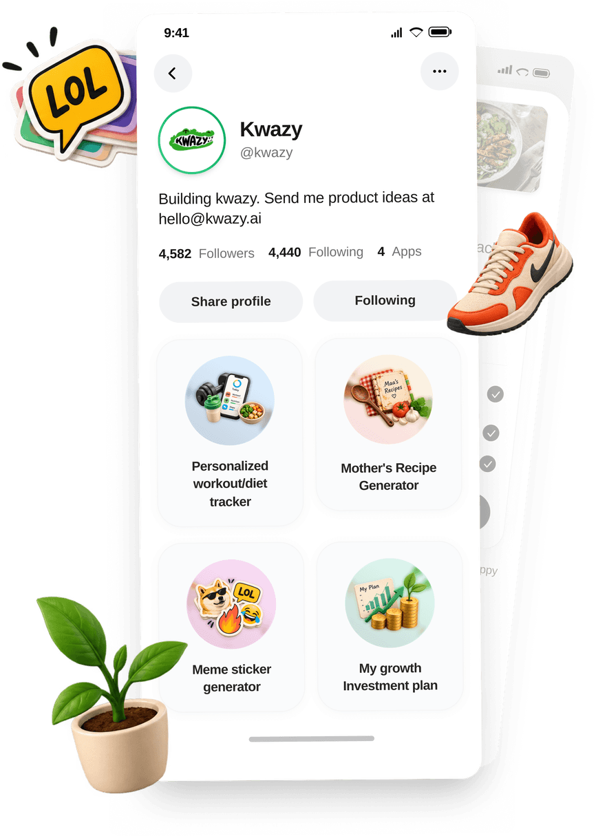 Kwazy profile screen with app cards and floating creative elements